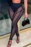 Red Sexy Solid Patchwork See-through High Waist Pencil Solid Color Bottoms