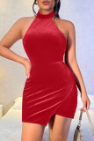 Pink Fashion Sexy Solid Patchwork Backless Halter Sleeveless Dress