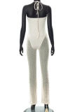 Apricot Sexy Solid Hollowed Out Patchwork See-through Halter Straight Jumpsuits