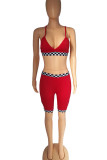 Red Sexy Plaid Print Patchwork Spaghetti Strap Sleeveless Two Pieces