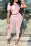 Pink Sexy Solid Patchwork See-through O Neck Short Sleeve Two Pieces