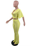 Yellow Fashion Casual Solid Bandage V Neck Short Sleeve Two Pieces