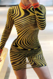 Yellow Sexy Print Patchwork O Neck Dresses