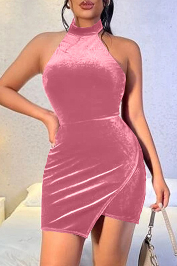 Pink Fashion Sexy Solid Patchwork Backless Halter Sleeveless Dress