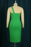Green Fashion Sexy Solid Patchwork Backless Slit One Shoulder Sleeveless Dress