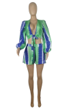 Turquoise Casual Print Patchwork V Neck Long Sleeve Two Pieces