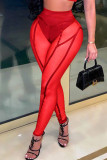 Red Sexy Solid Patchwork See-through High Waist Pencil Solid Color Bottoms