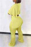 Yellow Fashion Casual Solid Bandage V Neck Short Sleeve Two Pieces