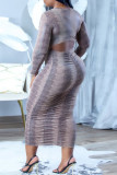 Multicolor Fashion Casual Print Fold O Neck Long Sleeve Dresses