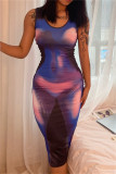 Purple Fashion Casual Print Basic O Neck One Step Skirt Dresses