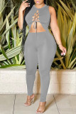 Grey Sexy Casual Solid Hollowed Out Frenulum O Neck Skinny Jumpsuits