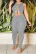 Grey Sexy Casual Solid Hollowed Out Frenulum O Neck Skinny Jumpsuits