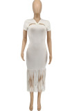 Black Sexy Solid Tassel Hollowed Out Patchwork V Neck Straight Dresses