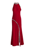 Pink Sexy Elegant Solid Patchwork Without Belt Hot Drill Halter Trumpet Mermaid Dresses