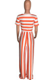 Yellow Casual Striped Print Patchwork O Neck Straight Jumpsuits