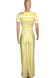 Yellow Casual Striped Print Patchwork O Neck Straight Jumpsuits