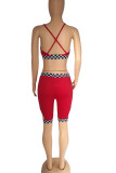 Red Sexy Plaid Print Patchwork Spaghetti Strap Sleeveless Two Pieces