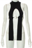 Black Fashion Sexy Patchwork Solid Hollowed Out Asymmetrical Turtleneck Tops