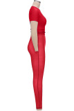 Pink Sexy Solid Patchwork See-through O Neck Short Sleeve Two Pieces