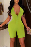 Fluorescent Green Casual Sportswear Solid Patchwork Zipper V Neck Regular Rompers
