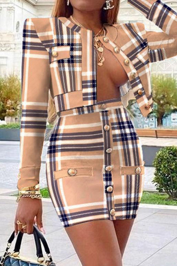 Khaki Fashion Sweet Plaid Solid Patchwork Buckle Buttons Long Sleeve Two Pieces