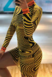 Yellow Sexy Print Patchwork O Neck Dresses