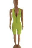 Fluorescent Green Casual Sportswear Solid Patchwork Zipper V Neck Regular Rompers