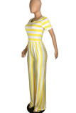 Yellow Casual Striped Print Patchwork O Neck Straight Jumpsuits