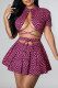 Fuchsia Fashion Sexy Print Bandage Hollowed Out Half A Turtleneck Short Sleeve Two Pieces