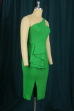 Green Fashion Sexy Solid Patchwork Backless Slit One Shoulder Sleeveless Dress