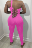 Pink Sexy Solid Hollowed Out One Shoulder Skinny Jumpsuits