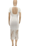 Black Sexy Solid Tassel Hollowed Out Patchwork V Neck Straight Dresses