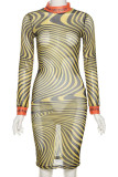 Yellow Sexy Print Patchwork O Neck Dresses
