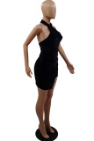 Pink Fashion Sexy Solid Patchwork Backless Halter Sleeveless Dress