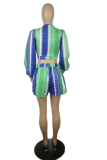 Turquoise Casual Print Patchwork V Neck Long Sleeve Two Pieces