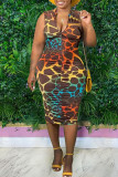 Brown Sexy Print Patchwork Fold V Neck One Step Skirt Dresses