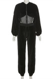 Black Fashion Casual Solid Hollowed Out Patchwork Hooded Collar Long Sleeve Two Pieces
