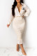 Cream White Fashion Elegant Print Fold V Neck One Step Skirt Dresses