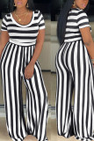 Yellow Casual Striped Print Patchwork O Neck Straight Jumpsuits