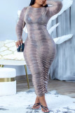 Multicolor Fashion Casual Print Fold O Neck Long Sleeve Dresses