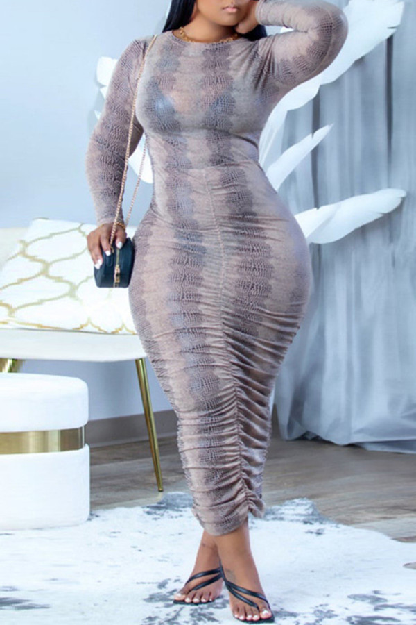 Multicolor Fashion Casual Print Fold O Neck Long Sleeve Dresses