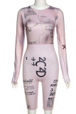Apricot Sexy Print Patchwork O Neck Regular Rompers