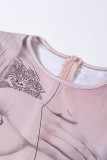 Apricot Sexy Print Patchwork O Neck Regular Rompers