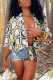 Sky Blue Fashion Casual Print Patchwork Buckle Turndown Collar Tops