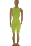Fluorescent Green Casual Sportswear Solid Patchwork Zipper V Neck Regular Rompers