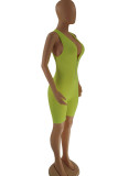 Fluorescent Green Casual Sportswear Solid Patchwork Zipper V Neck Regular Rompers