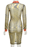 Yellow Sexy Print Patchwork O Neck Dresses