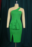 Green Fashion Sexy Solid Patchwork Backless Slit One Shoulder Sleeveless Dress