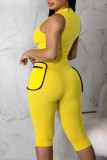 Yellow Casual Sportswear Solid Patchwork Pocket Zipper Regular Rompers