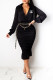 Black Fashion Elegant Print Fold V Neck One Step Skirt Dresses